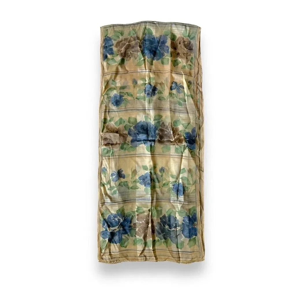 Vintage Blue & Brown Floral Rectangular Scarf 11” X 52” Unisex Neck Scarve